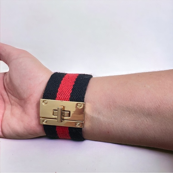 Fashion Designer Bracelet Cuff Red Black Stripes Bee Gold Canvas - Picture 3 of 4